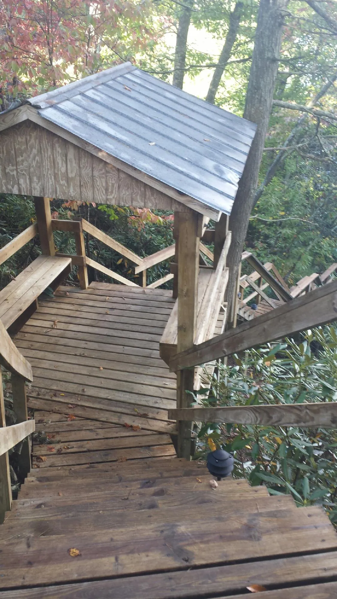Metal roofed shelter over wooden steps on a wooded walkway — Skylight Repair & Installation work by our crew in Orlinda